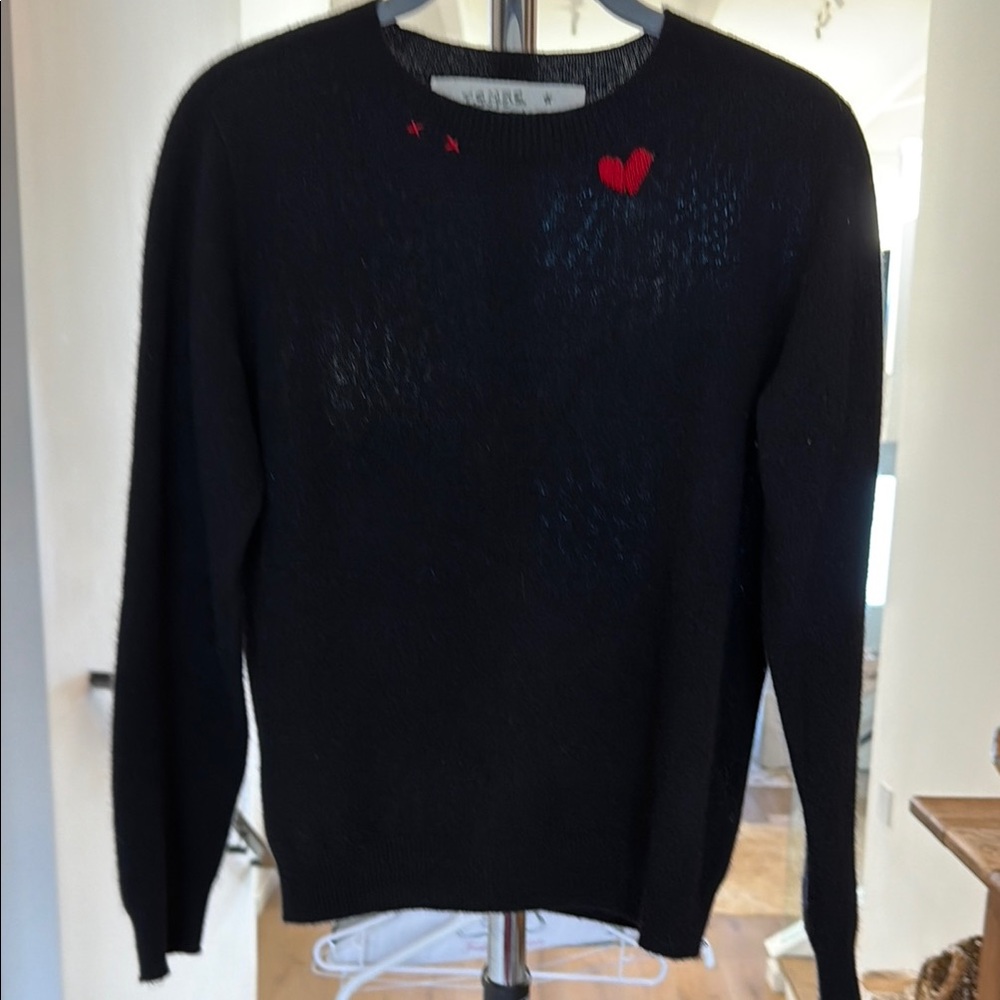 Black cashmere women’s Sweater with Red Heart and little x’s stitch Detail
